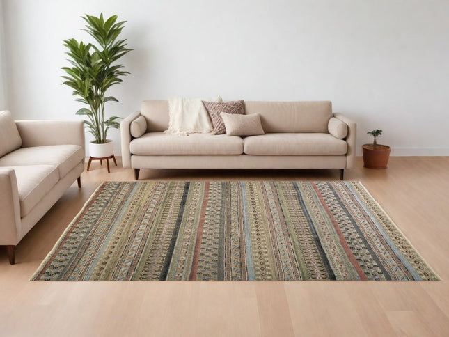 9' X 13' Tan Blue and Orange Striped Hand Knotted Area Rug