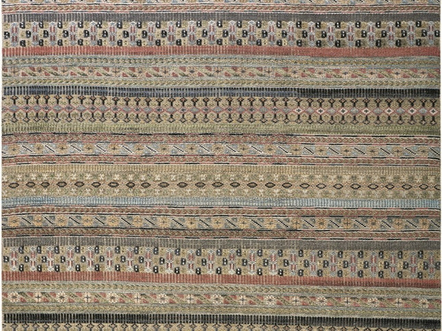 9' X 13' Tan Blue and Orange Striped Hand Knotted Area Rug