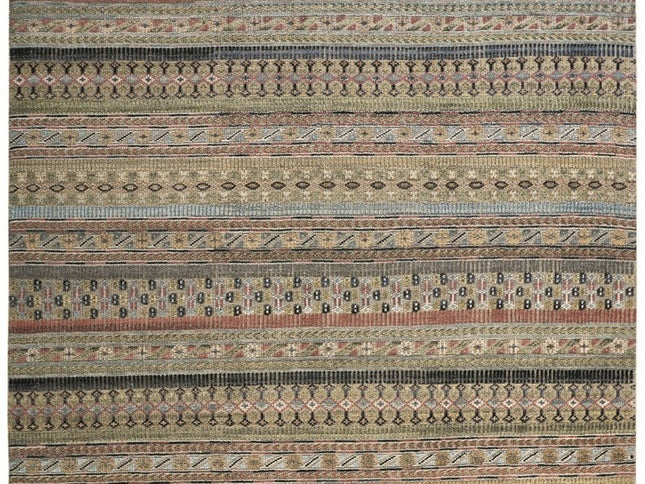 9' X 13' Tan Blue and Orange Striped Hand Knotted Area Rug