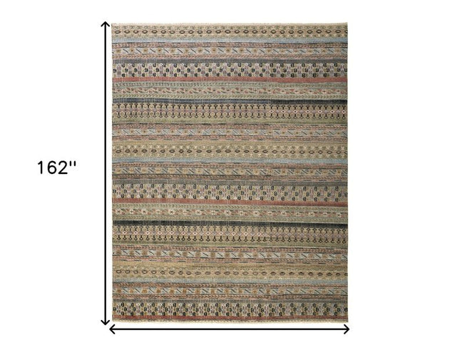 9' X 13' Tan Blue and Orange Striped Hand Knotted Area Rug