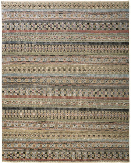 9' X 13' Tan Blue and Orange Striped Hand Knotted Area Rug