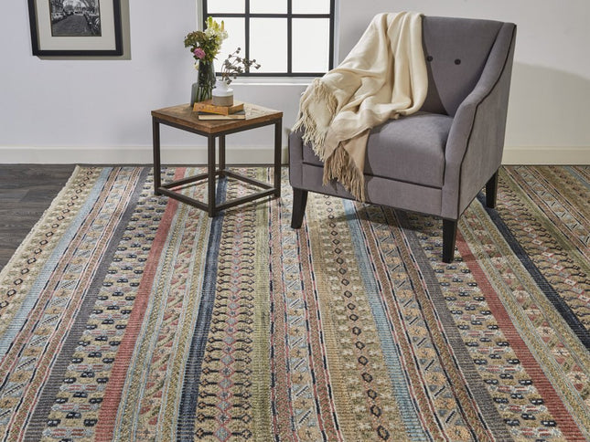 9' X 13' Tan Blue and Orange Striped Hand Knotted Area Rug