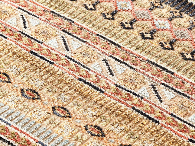 9' X 13' Tan Blue and Orange Striped Hand Knotted Area Rug