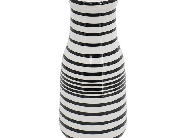 18" Black And White Hand Painted Stripe Ceramic Table Vase