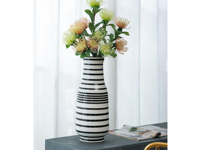 18" Black And White Hand Painted Stripe Ceramic Table Vase