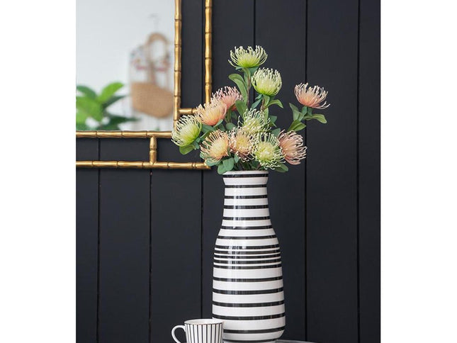 18" Black And White Hand Painted Stripe Ceramic Table Vase