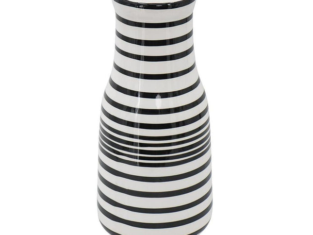 18" Black And White Hand Painted Stripe Ceramic Table Vase