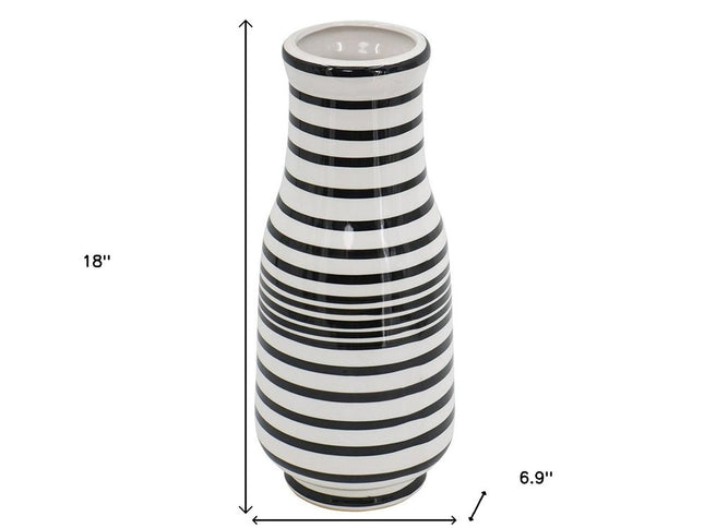 18" Black And White Hand Painted Stripe Ceramic Table Vase