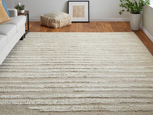 9' X 13' White and Tan Wool Striped Hand Woven Area Rug