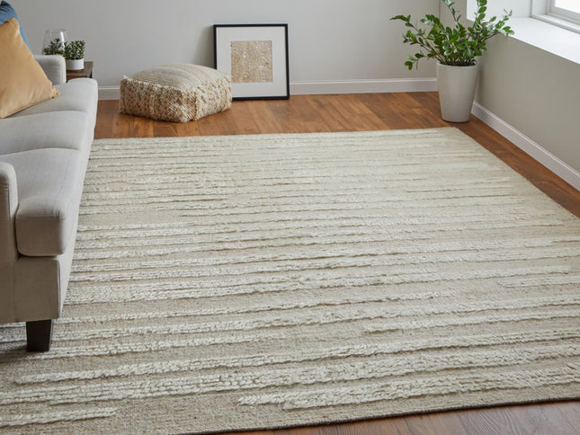 9' X 13' White and Tan Wool Striped Hand Woven Area Rug