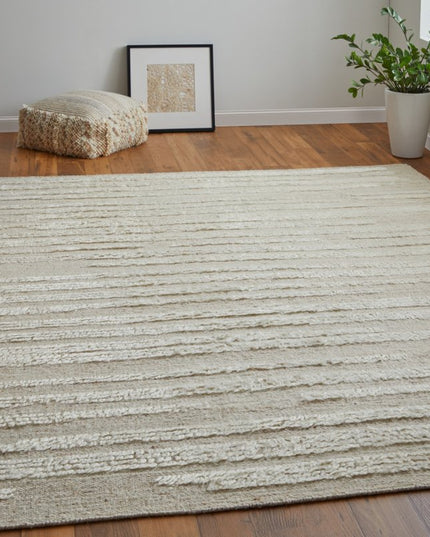 9' X 13' White and Tan Wool Striped Hand Woven Area Rug