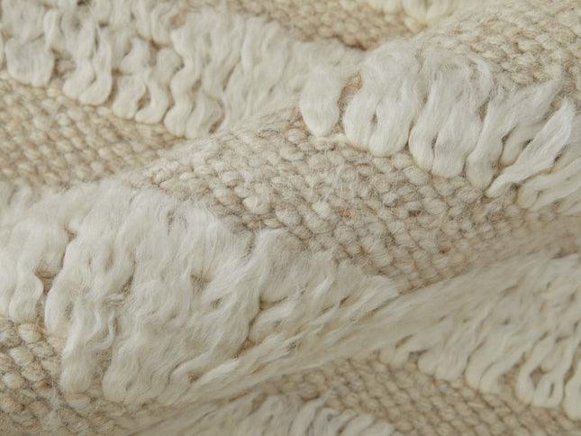 9' X 13' White and Tan Wool Striped Hand Woven Area Rug