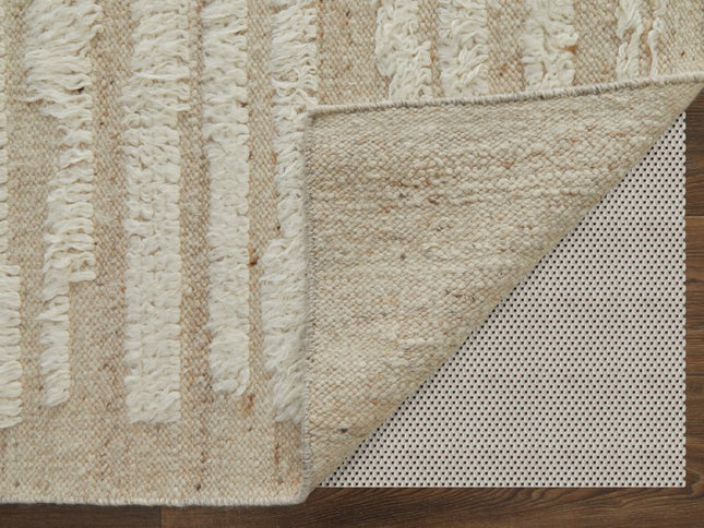 9' X 13' White and Tan Wool Striped Hand Woven Area Rug