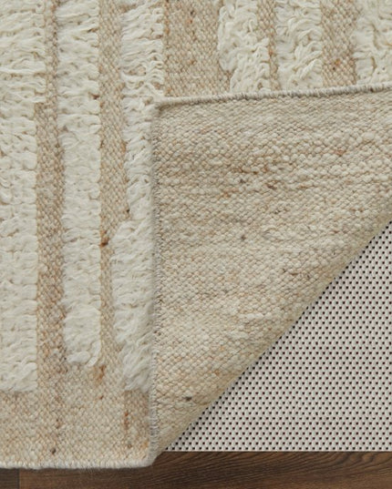 9' X 13' White and Tan Wool Striped Hand Woven Area Rug