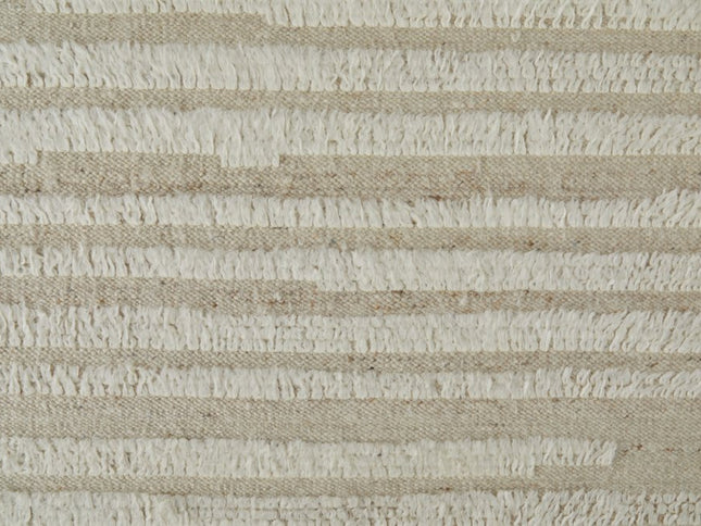 9' X 13' White and Tan Wool Striped Hand Woven Area Rug