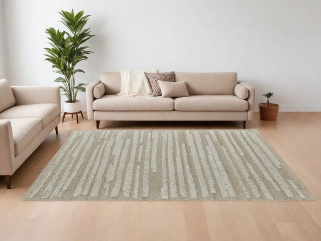 9' X 13' White and Tan Wool Striped Hand Woven Area Rug