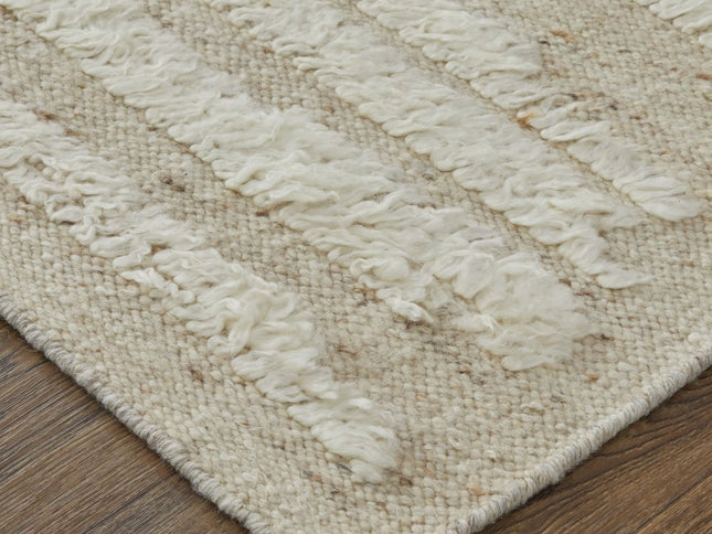 9' X 13' White and Tan Wool Striped Hand Woven Area Rug