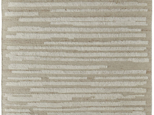 9' X 13' White and Tan Wool Striped Hand Woven Area Rug
