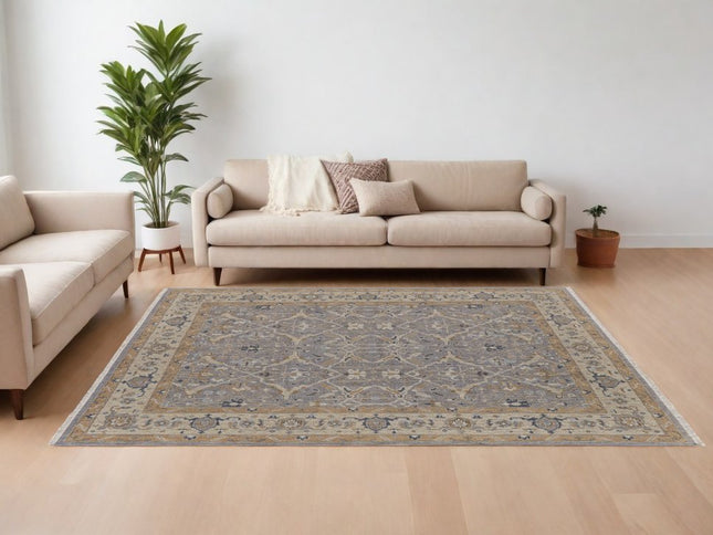 9' X 13' Tan and Gray Wool Oriental Hand Knotted Area Rug With Fringe