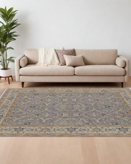 9' X 13' Tan and Gray Wool Oriental Hand Knotted Area Rug With Fringe