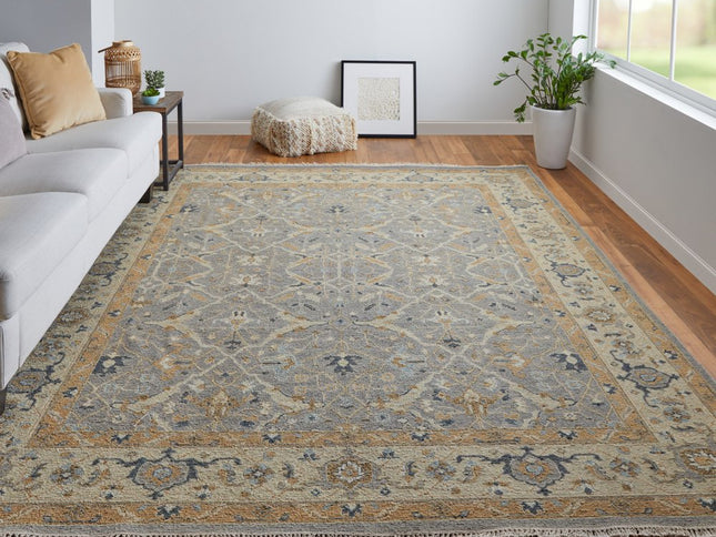 9' X 13' Tan and Gray Wool Oriental Hand Knotted Area Rug With Fringe