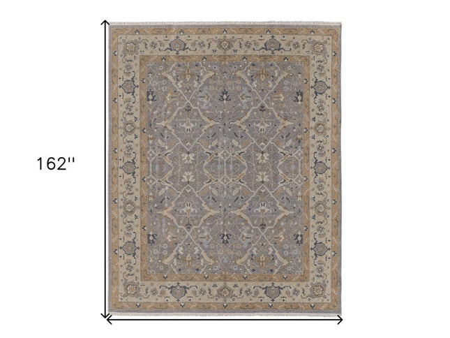 9' X 13' Tan and Gray Wool Oriental Hand Knotted Area Rug With Fringe