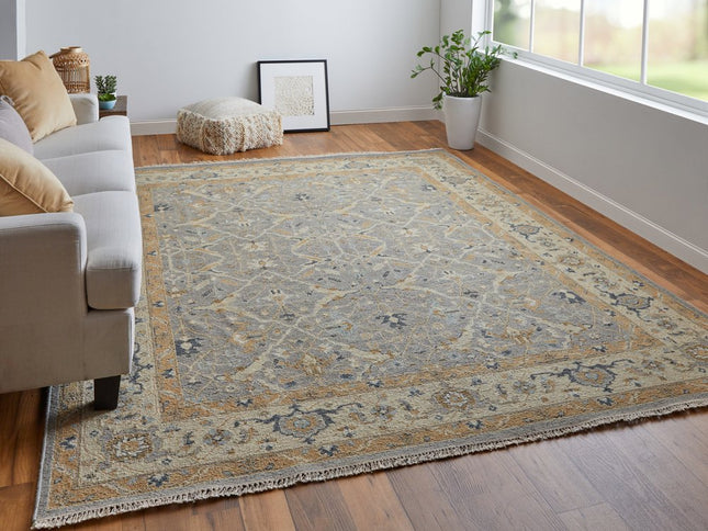 9' X 13' Tan and Gray Wool Oriental Hand Knotted Area Rug With Fringe