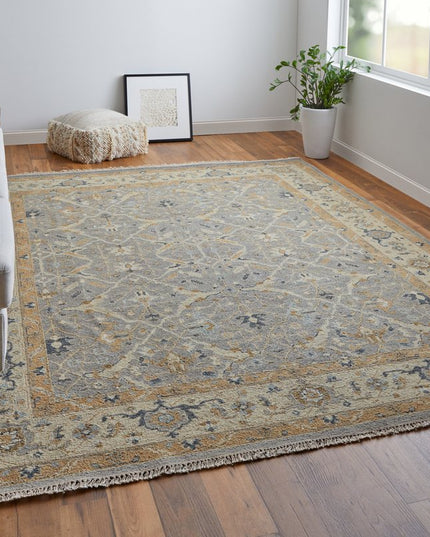 9' X 13' Tan and Gray Wool Oriental Hand Knotted Area Rug With Fringe