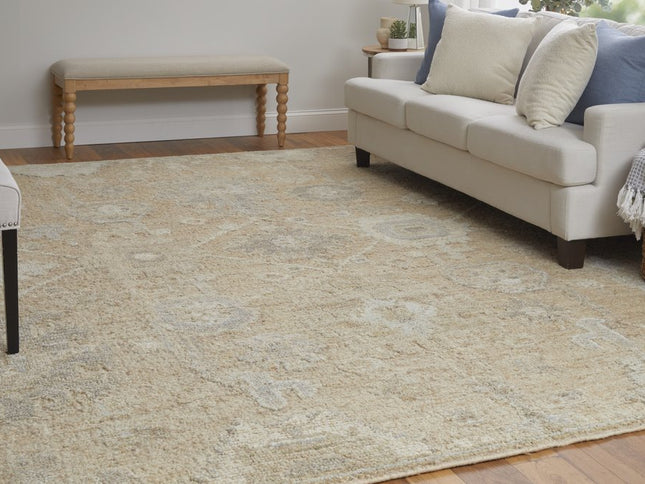9' X 13' Tan and Ivory Wool Floral Hand Knotted Area Rug