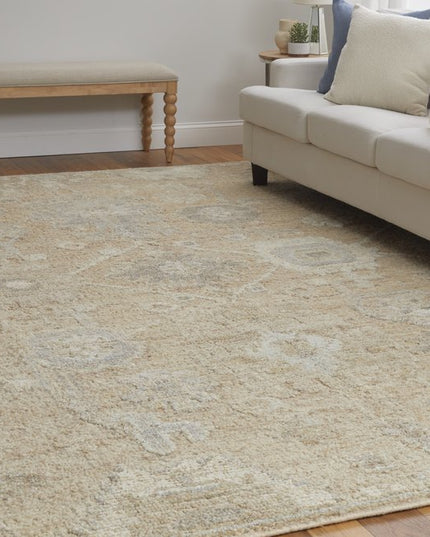 9' X 13' Tan and Ivory Wool Floral Hand Knotted Area Rug
