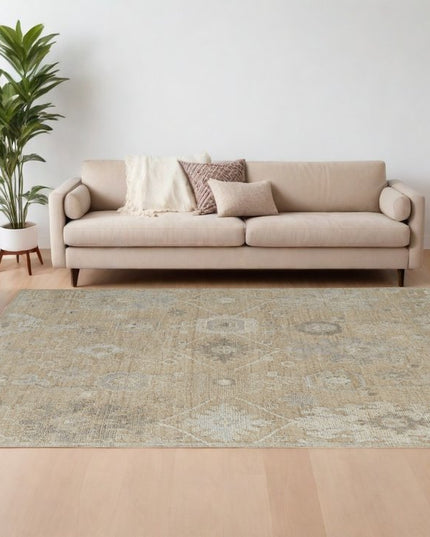 9' X 13' Tan and Ivory Wool Floral Hand Knotted Area Rug