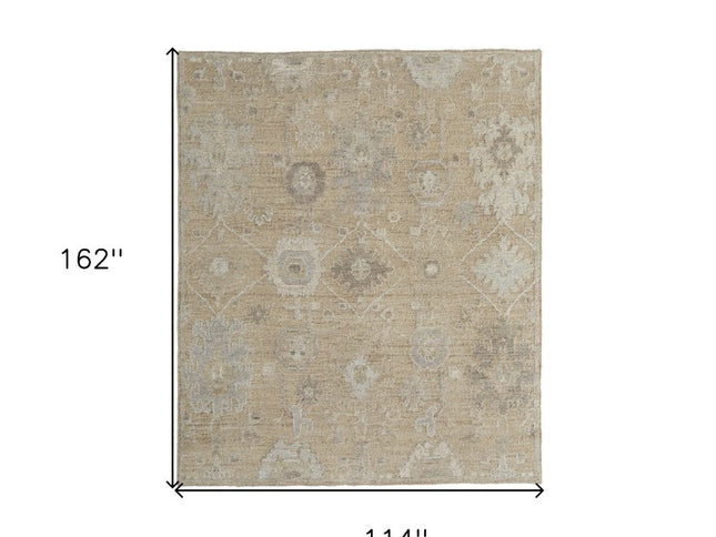 9' X 13' Tan and Ivory Wool Floral Hand Knotted Area Rug