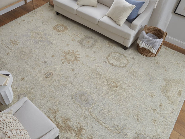 9' X 13' Tan and Gray Wool Floral Hand Knotted Area Rug