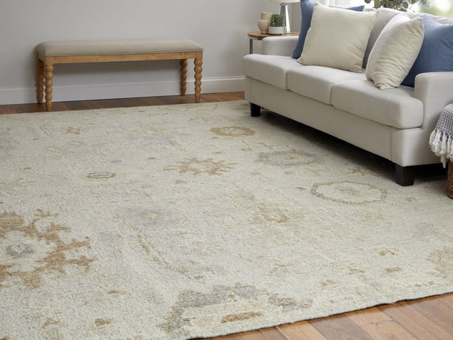 9' X 13' Tan and Gray Wool Floral Hand Knotted Area Rug