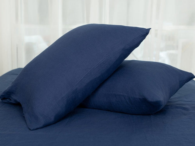 Set of Two Navy Blue Linen Standard Pillowcases