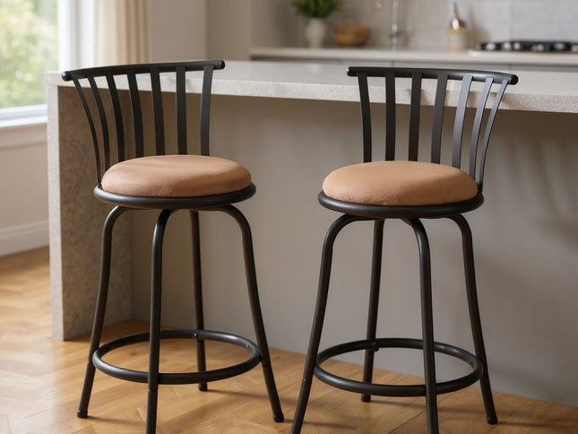 Set of Two 24" Brown and Black Microfiber and Metal Low Back Counter Height Swivel Bar Chairs