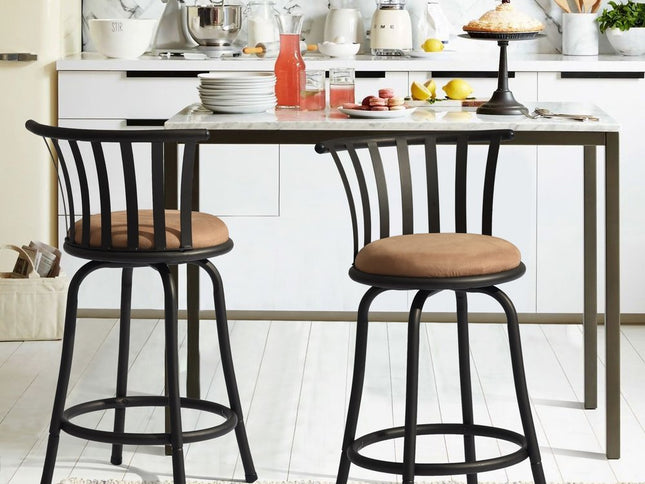 Set of Two 24" Brown and Black Microfiber and Metal Low Back Counter Height Swivel Bar Chairs
