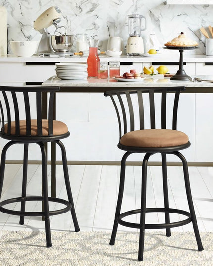 Set of Two 24" Brown and Black Microfiber and Metal Low Back Counter Height Swivel Bar Chairs