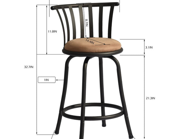 Set of Two 24" Brown and Black Microfiber and Metal Low Back Counter Height Swivel Bar Chairs