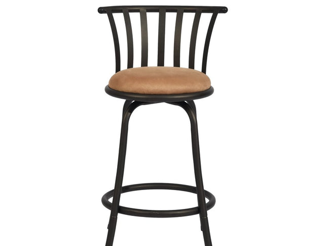 Set of Two 24" Brown and Black Microfiber and Metal Low Back Counter Height Swivel Bar Chairs