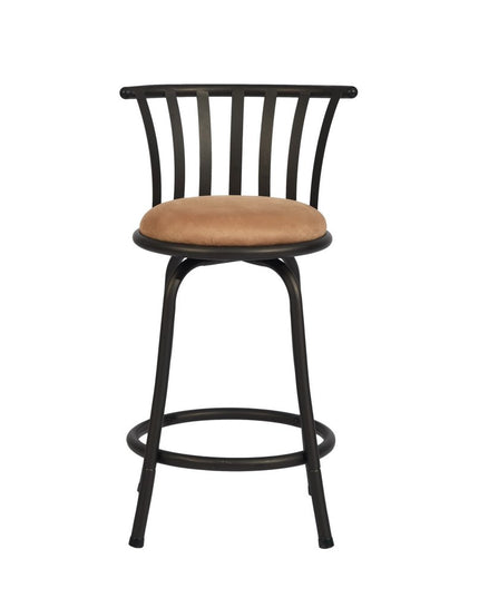 Set of Two 24" Brown and Black Microfiber and Metal Low Back Counter Height Swivel Bar Chairs