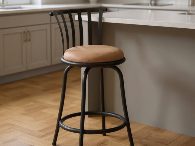 Set of Two 24" Brown and Black Microfiber and Metal Low Back Counter Height Swivel Bar Chairs