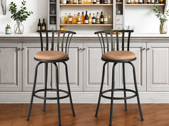 Set of Two 29" Brown and Black Microfiber and Metal Low Back Bar Height Swivel Bar Chairs