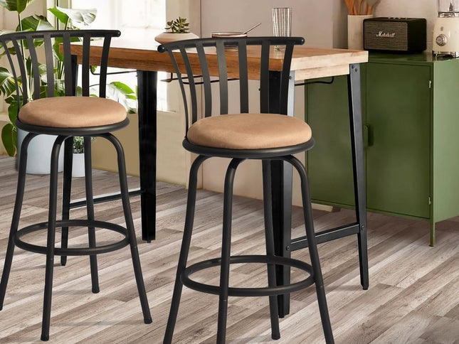 Set of Two 29" Brown and Black Microfiber and Metal Low Back Bar Height Swivel Bar Chairs