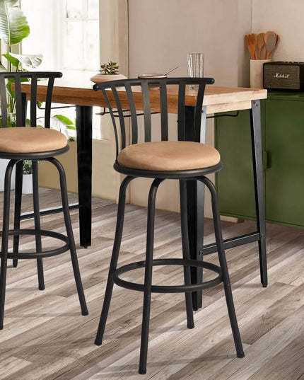 Set of Two 29" Brown and Black Microfiber and Metal Low Back Bar Height Swivel Bar Chairs