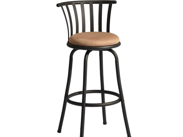 Set of Two 29" Brown and Black Microfiber and Metal Low Back Bar Height Swivel Bar Chairs