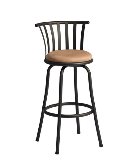 Set of Two 29" Brown and Black Microfiber and Metal Low Back Bar Height Swivel Bar Chairs