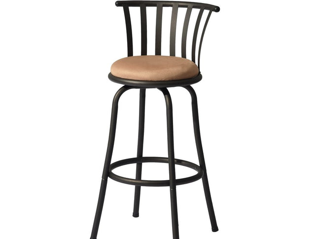 Set of Two 29" Brown and Black Microfiber and Metal Low Back Bar Height Swivel Bar Chairs