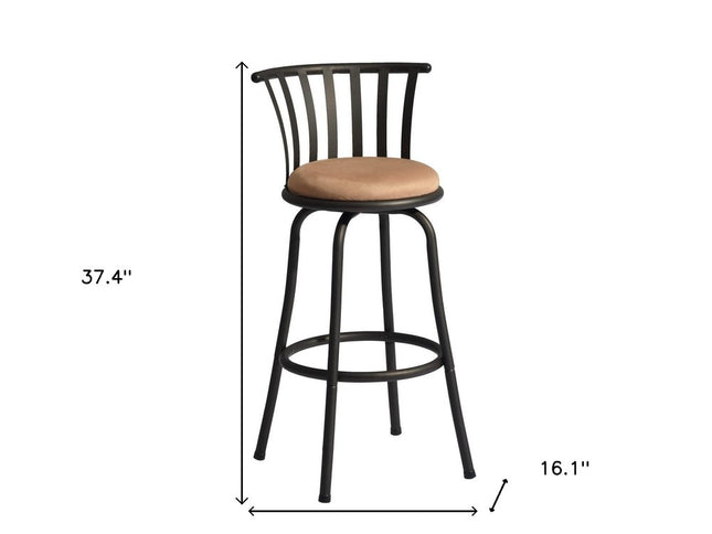 Set of Two 29" Brown and Black Microfiber and Metal Low Back Bar Height Swivel Bar Chairs