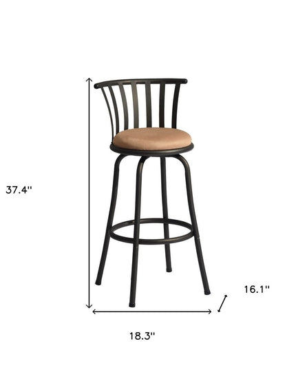 Set of Two 29" Brown and Black Microfiber and Metal Low Back Bar Height Swivel Bar Chairs